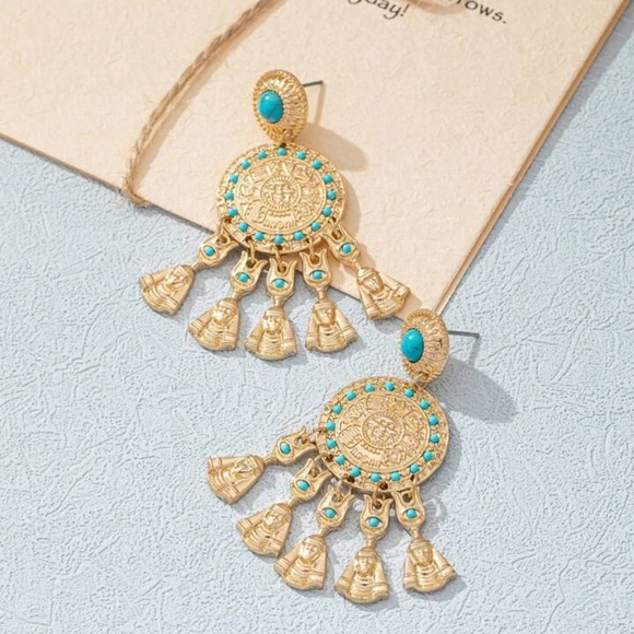 2/$30🌵 Blue Stone Gold Pharoah Egyptian Earrings Tribal Jewelry Gift Boho NEW - Picture 10 of 12